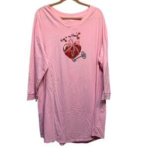 Soft Girl Nightgown Womens 2X Pink Key to my Heart Graphic Long Sleeve V-Neck